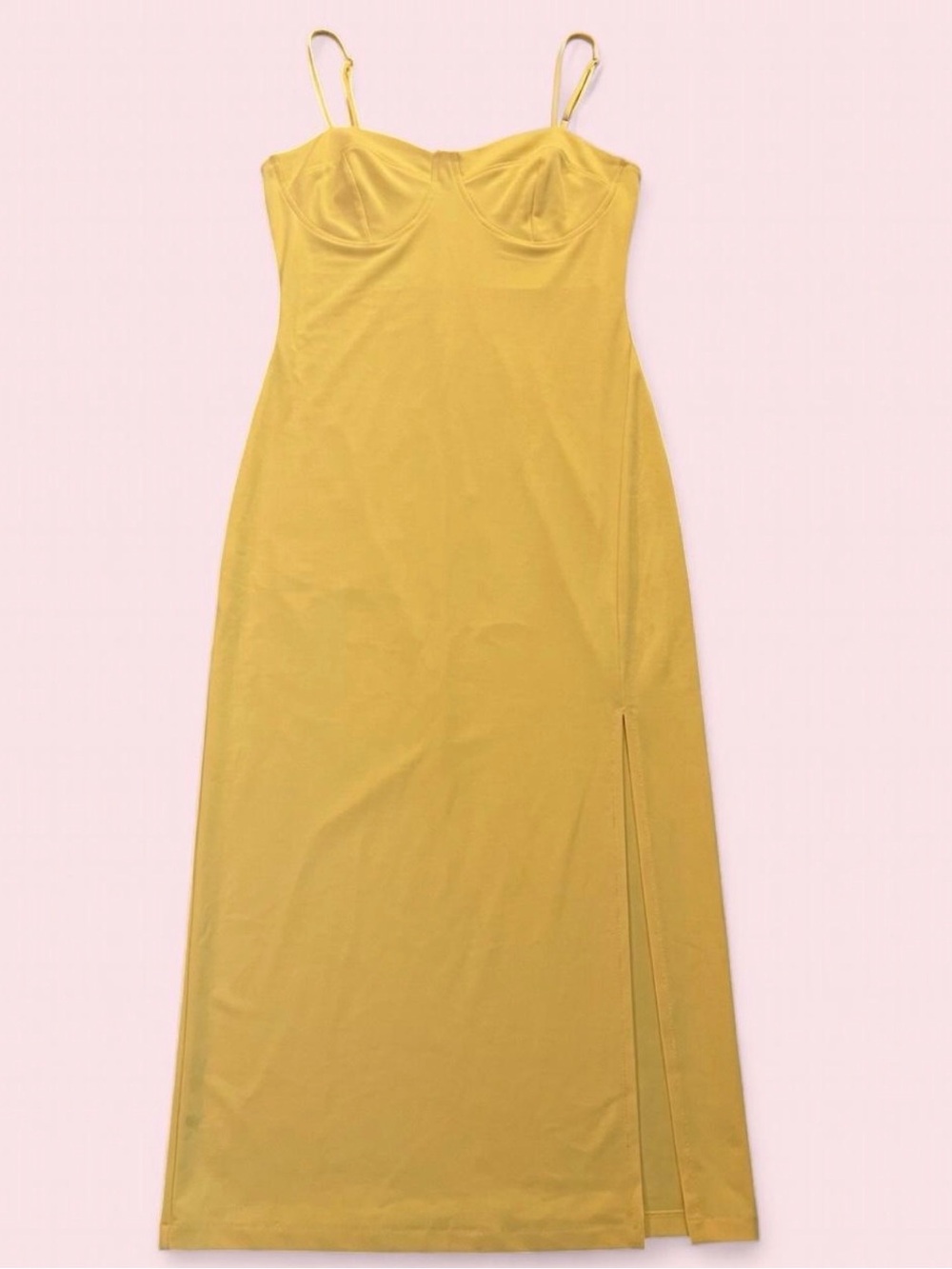 Yellow Spaghetti Strap Midi Dress with Side Slit